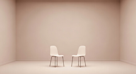 Two White Chairs Facing Each Other in a Minimalist Beige Room