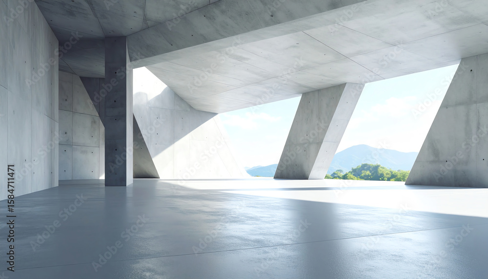 Poster modern concrete architecture with large angular openings, showcasing a minimalist design and natural