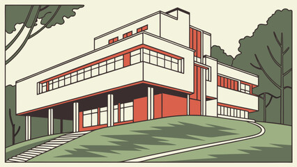 Modernist villa architecture design illustration of house exterior with trees and landscape art style