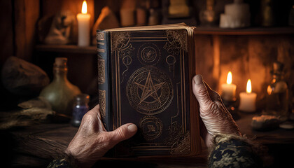 Witchy wrinkled hands hold old grimoire at home among magic tools, view from persons eyes.