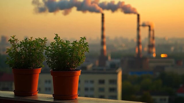 Plants in terracotta pots on a rooftop overlooking a city skyline with industrial smokestacks at sunrise
