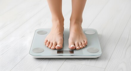 A womans bare feet stand on a modern digital scale, symbolizing health, weight management, and a healthy lifestyle