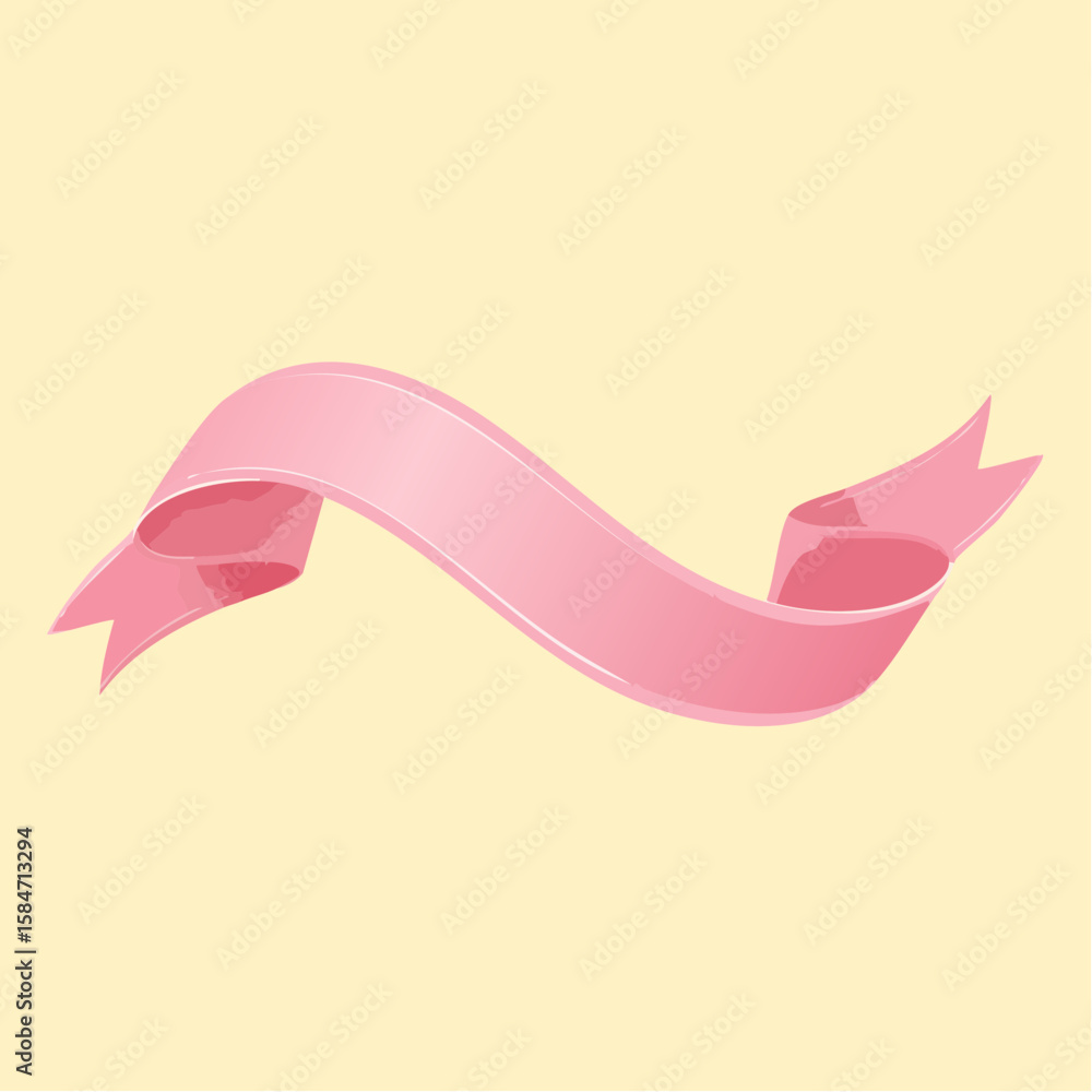 Poster curved pink ribbon loop twisting in 3d style on soft yellow background, modern and abstract vector.