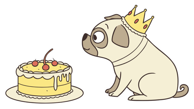 Cute pug dog with crown looking at cake birthday party celebration vector illustration design drawing art