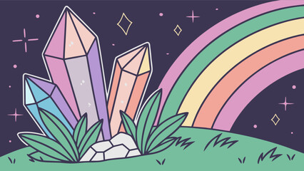 Illustration of rainbow crystals on a hill with stars in the sky vector art design drawing graphic