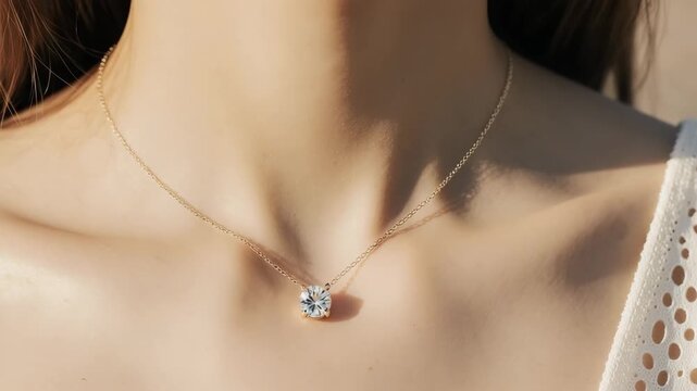 Woman wearing a delicate gold necklace with sparkling round pendant