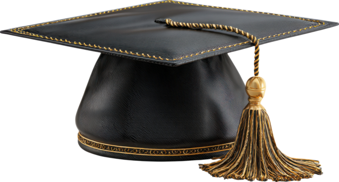 Elegant black graduation cap with gold trim and tassel isolated on transparent background