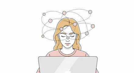 Woman working on laptop with connected dots representing thoughts and ideas concept illustration