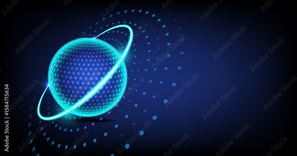Poster futuristic digital sphere with glowing blue dot grid network structure on dark background, represent