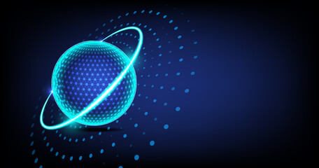 Futuristic digital sphere with glowing blue dot grid network structure on dark background,...