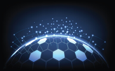 Futuristic digital hexagon sphere with glowing particle orbit and quantum design, representing AI, nanotechnology, big data, and high-tech innovation in a modern science and virtual computing