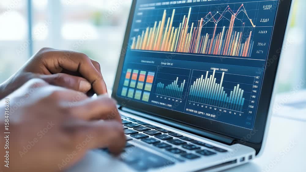 Poster close-up of hands typing on a laptop displaying charts and graphs. focus on data analysis and techno