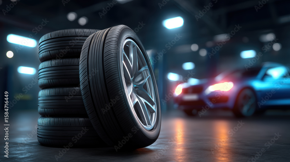 Poster stack of new tires in foreground with blurred car in background in garage setting