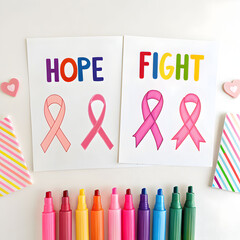 A creative flat lay of handmade cancer awareness pins arranged neatly on a pastel background, showcasing different shapes and ribbon designs to promote support and solidarity.