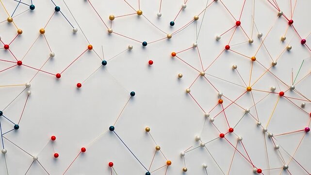 Colorful network of connected spheres on a white surface