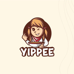 Mascot Logo of Happy Girl Cartoon Character Enjoying Delicious Soup;  Playful, Retro-Style Food Illustration.