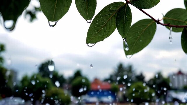 there are many drops of water on the leaves of a tree
