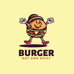Happy Burger Mascot Logo: Hot and Spicy Cartoon Food Illustration, Retro Style