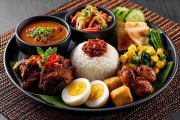 Gourmet Nasi Padang with Egg, Tofu, and Spicy Beef