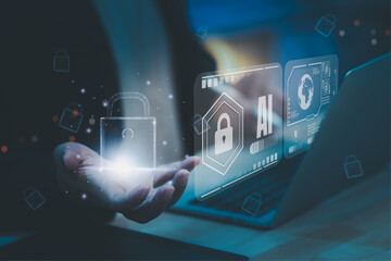 Cyber security and futuristic technology concept showing businessman touching fingerprint interface, scanning password with digital icons, AI system, and advanced biometric authentication tools.