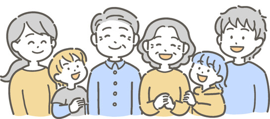 祖父母・父母・孫が笑顔の3世代家族のイラスト
