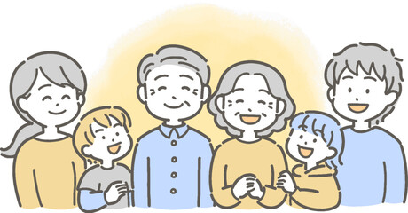 祖父母・父母・孫が笑顔の3世代家族のイラスト

