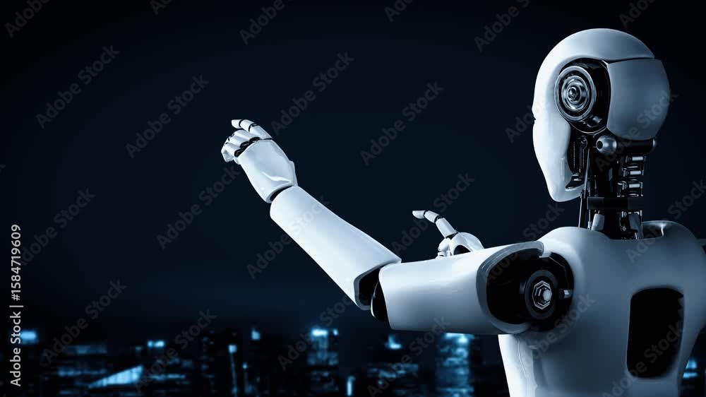 Poster ai robot huminoid uses cloud computing technology to store data on online server . futuristic concep