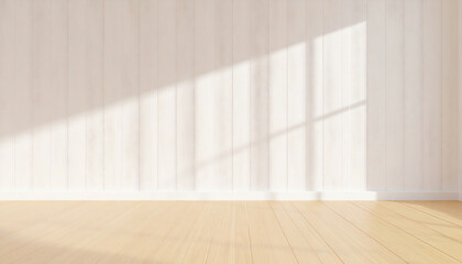 Bright and minimalistic interior featuring light wooden flooring and white paneling, illuminated by soft sunlight casting shadows