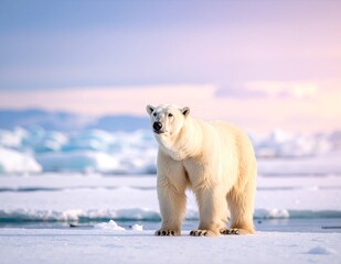 A majestic polar bear stands on a vast expanse of glistening ice, its thick white fur contrasting against the shimmering blue of the frozen landscape.