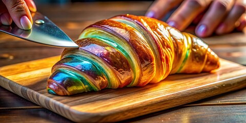 Iridescent Glass Croissant ASMR: Cinematic Close-up of Hand Slicing Rainbow-Colored Pastry on Walnut Board