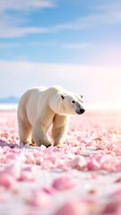 A majestic polar bear gracefully walks through a vibrant carpet of delicate rose petals, creating a striking contrast against its white fur.