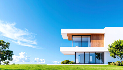 Modern house design with large glass windows, wooden accents, and a lush green lawn under a bright blue sky