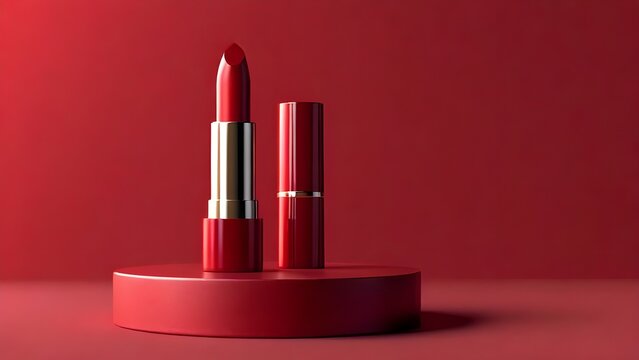red lipstick displayed on a sleek round podium. Set against a vibrant red backdrop. Makeup container mockup