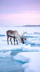 Obraz premium A majestic reindeer stands gracefully on a shimmering sheet of ice, its antlers elegantly silhouetted against a soft winter sky, surrounded by a serene snowy landscape.