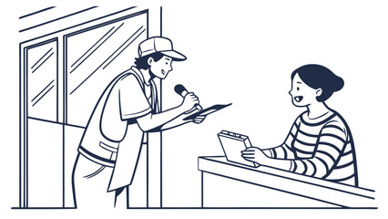 Line Art Illustration of an Interview: Reporter with Microphone and Clipboard Speaking to a Person at a Desk.