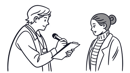 Journalist interviewing a person with a microphone and clipboard, professional communication, news report, discussion, media