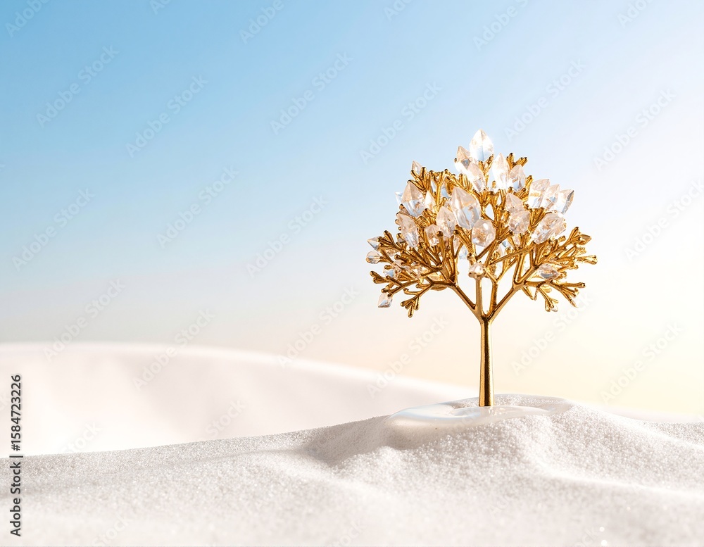 Poster a delicate, small tree stands resilient in a blanket of soft, white snow, its branches lightly duste