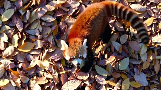 A cute red panda is exploring colorful autumn leaves