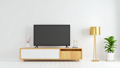 Modern living room featuring a sleek TV on a wooden cabinet, accompanied by a stylish lamp, decorative plant, and minimalist decor against a bright background