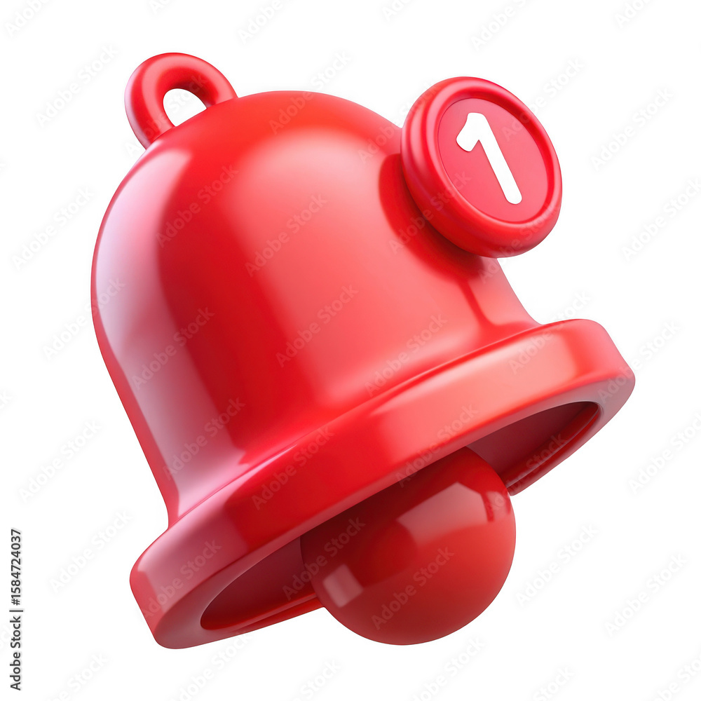 Poster 3d red notification bell with number 1 isolated on transparent background