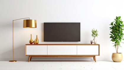 Modern living room featuring a sleek TV on a wooden console, stylish decor, a floor lamp, and vibrant greenery