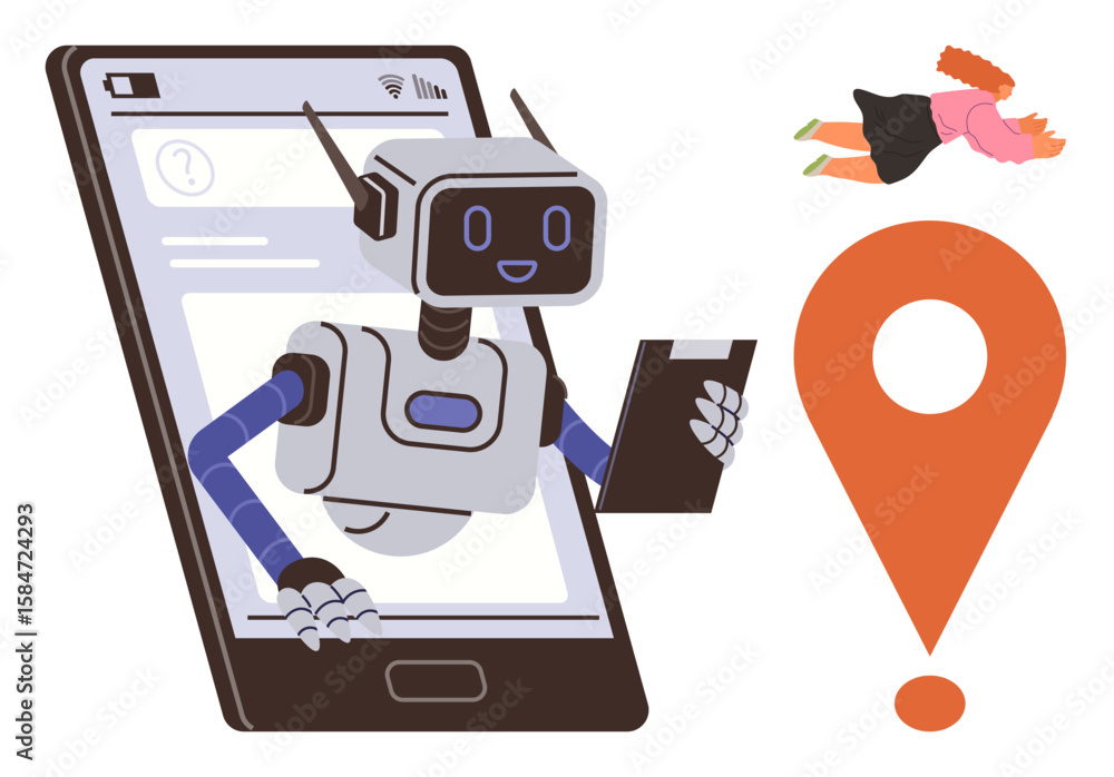 Poster robot holding a device emerging from smartphone on a digital interface, large location marker, and f