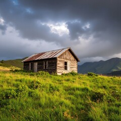 Obraz premium A quaint, rustic wooden cabin nestled in a serene, remote landscape, surrounded by tall trees and wildflowers, with a clear blue sky overhead.