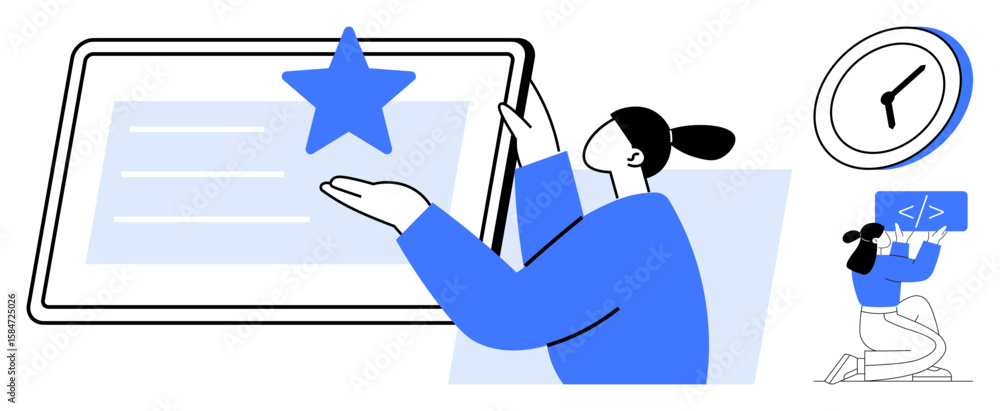 Poster woman selecting a star on a large tablet, developer coding on a laptop, and clock indicating time ma