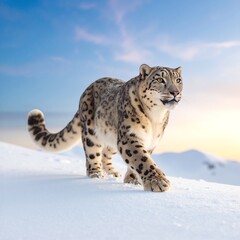 A majestic snow leopard gracefully strides across a pristine, glistening snowy landscape, its thick fur blending with the wintry surroundings.