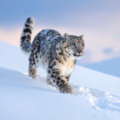 A majestic snow leopard gracefully traverses a pristine snowy slope, its thick fur blending with the white landscape, showcasing its powerful build and keen gaze.