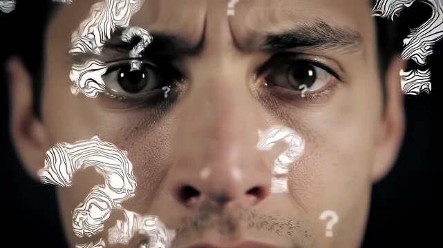 Close Up Portrait of a Confused Man with Question Marks Overlays on a Dark Background Expressing Frustration and Doubt