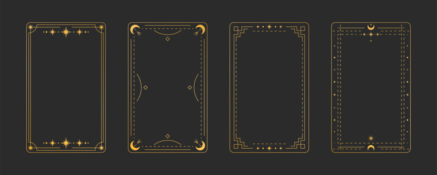 Golden tarot card frame set with mystical symbols - ornate rectangular borders decorated with stars, moons and celestial elements on black background for divination deck design, occult templates.