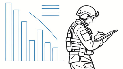 Military Soldier Analyzing Declining Data Trend on Digital Tablet, Strategic Planning Illustration