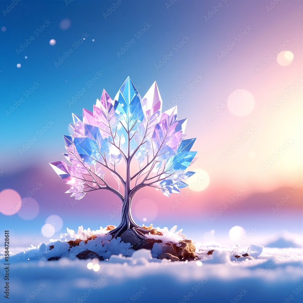 Poster a majestic tree stands tall, its branches adorned with shimmering crystals that catch the sunlight, 